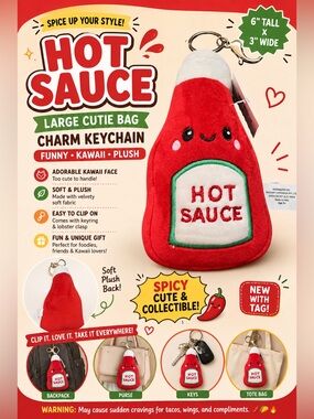 ๐ฅ Hot Sauce Large Cutie Bag Charm Keychain | Funny Kawaii Plush (6โx3โ)